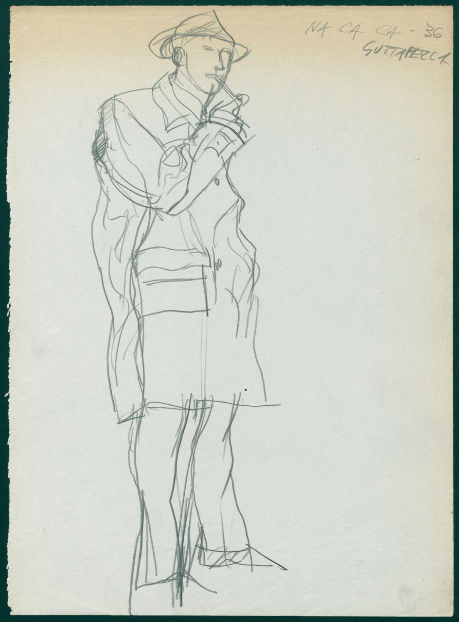 Bozzetto per il periodico dei grandi magazzini la Rinascente "Uomo la Rinascente Moda maschile" dell'ottobre 1961, figura maschile con soprabito e cappello (disegno) di Iliprandi, Giancarlo (sec. XX)