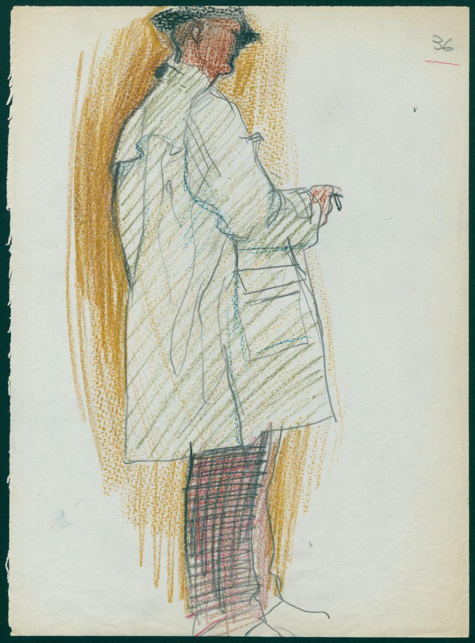 Bozzetto per il periodico dei grandi magazzini la Rinascente "Uomo la Rinascente Moda maschile" dell'ottobre 1961, figura maschile di profilo con soprabito e cappello (disegno) di Iliprandi, Giancarlo (sec. XX)