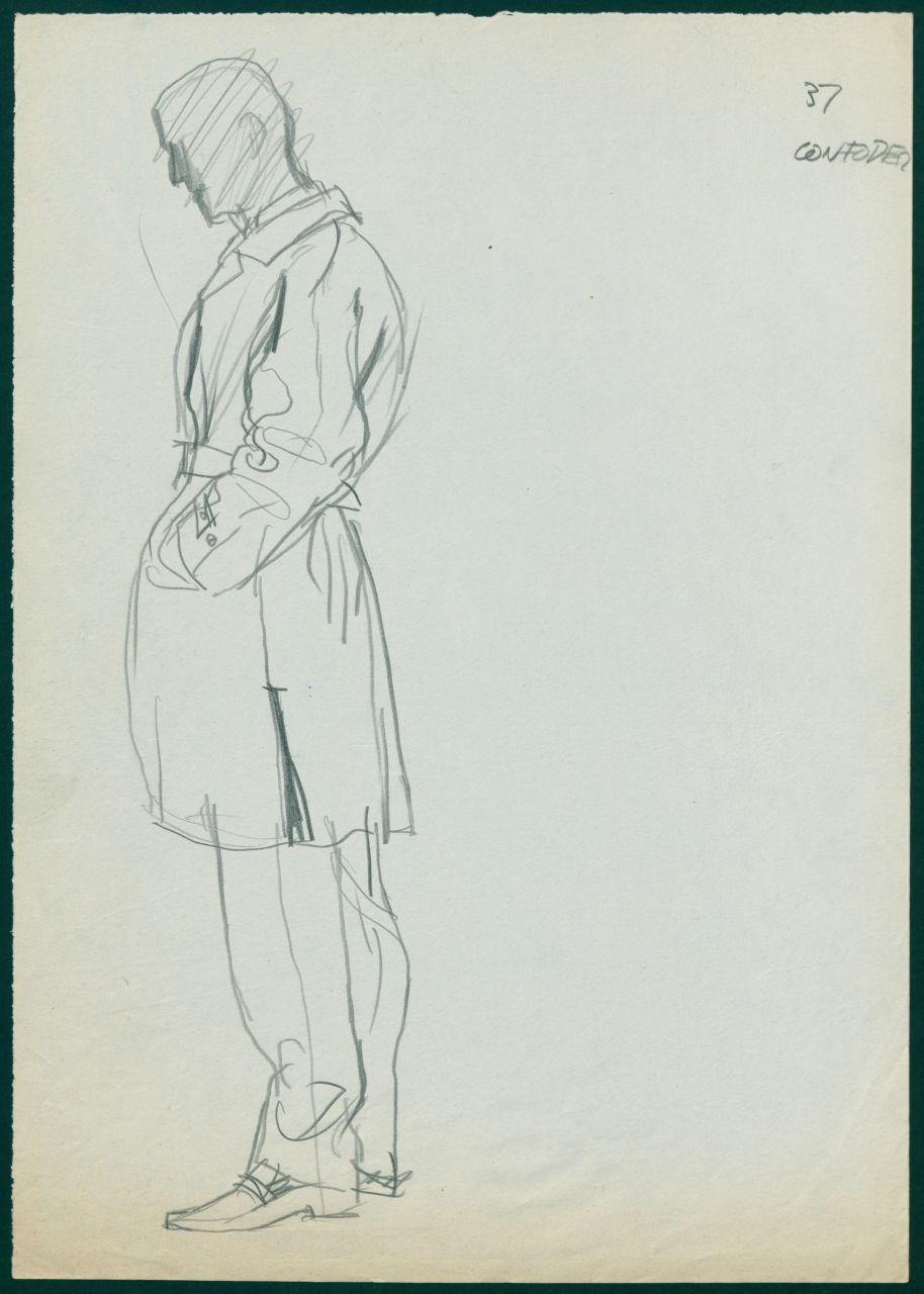 Bozzetto per il periodico dei grandi magazzini la Rinascente "Uomo la Rinascente Moda maschile" dell'ottobre 1961, figura maschile di profilo con soprabito (disegno) di Iliprandi, Giancarlo (sec. XX)