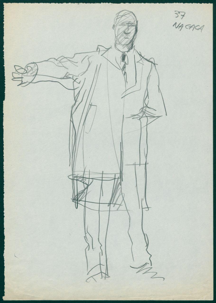Bozzetto per il periodico dei grandi magazzini la Rinascente "Uomo la Rinascente Moda maschile" dell'ottobre 1961, figura maschile di profilo con completo e soprabito (disegno) di Iliprandi, Giancarlo (sec. XX)