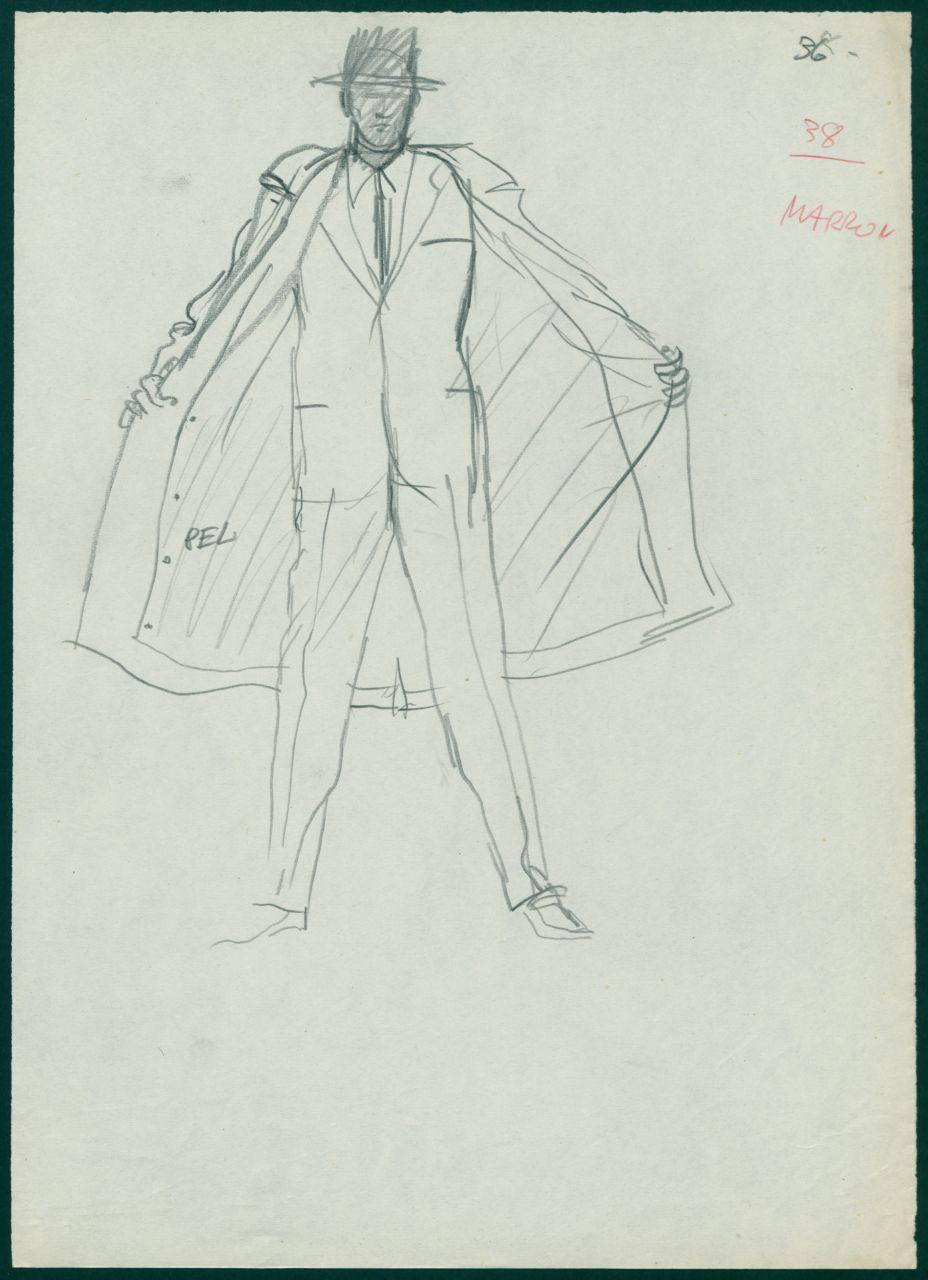 Bozzetto per il periodico dei grandi magazzini la Rinascente "Uomo la Rinascente Moda maschile" dell'ottobre 1961, figura maschile con completo, soprabito e cappello, mezzobusto di profilo maschile con cappello e pipa (disegno) di Iliprandi, Giancarlo (sec. XX)