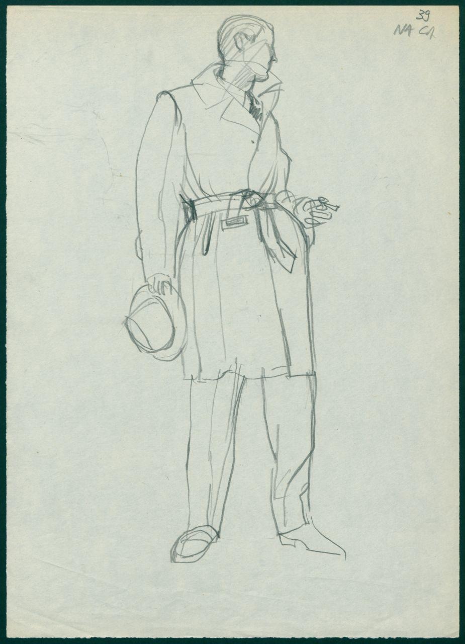 Bozzetto per il periodico dei grandi magazzini la Rinascente "Uomo la Rinascente Moda maschile" dell'ottobre 1961, figura maschile con soprabito e cappello in mano, dettaglio di figura maschile di profilo seduta con bicchiere e sigaretta (disegno) di Iliprandi, Giancarlo (sec. XX)