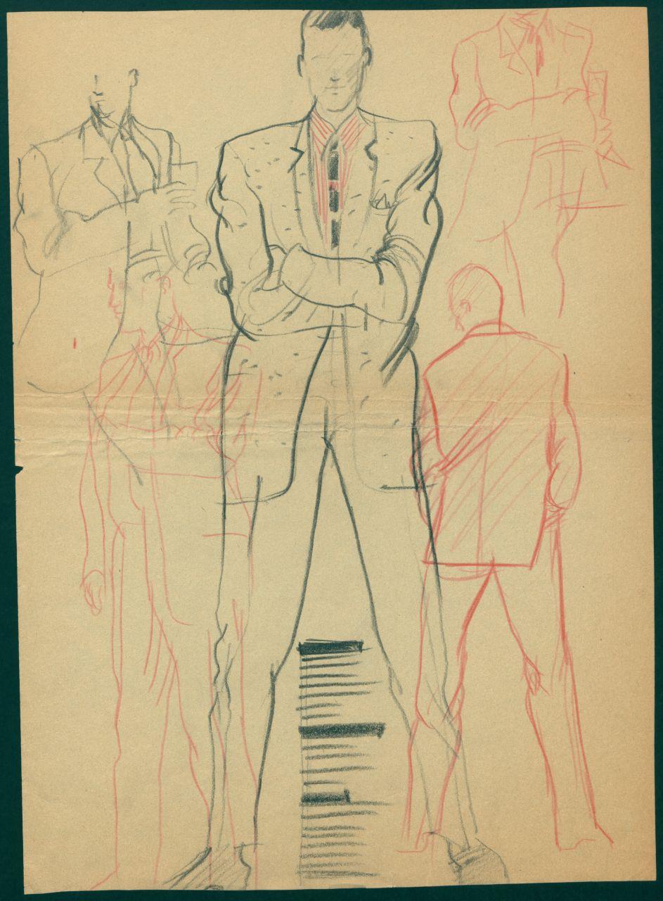 Bozzetto per il periodico dei grandi magazzini la Rinascente "Uomo la Rinascente Moda maschile" dell'ottobre 1961, figure maschili con completi con giacche monopetto (disegno) di Iliprandi, Giancarlo (sec. XX)