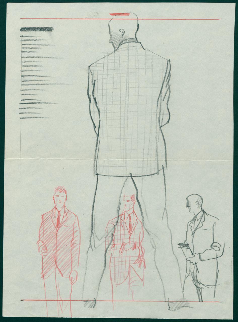 Bozzetto per il periodico dei grandi magazzini la Rinascente "Uomo la Rinascente Moda maschile" dell'ottobre 1961, figure maschili con giacche monopetto (disegno) di Iliprandi, Giancarlo (sec. XX)