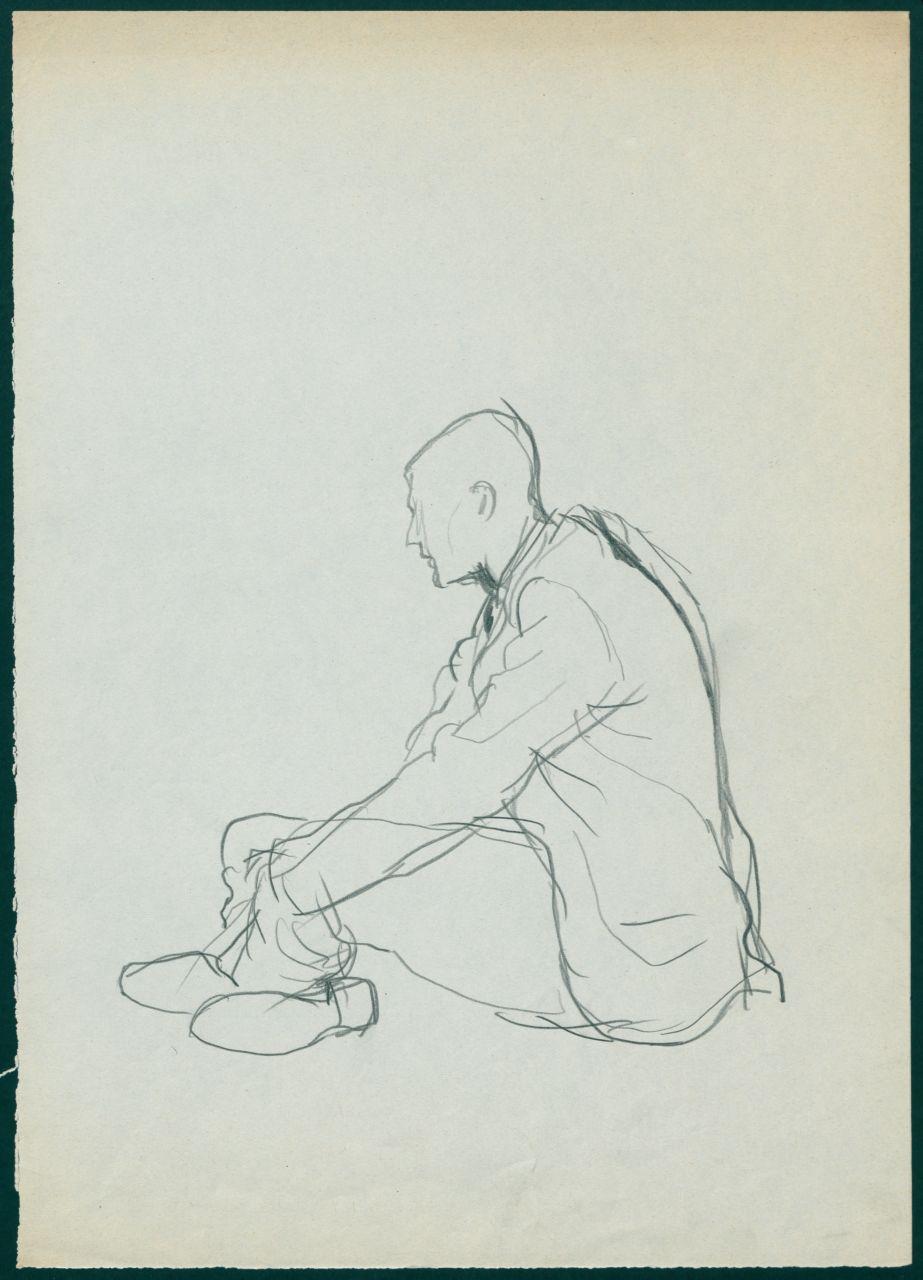 Bozzetto per il periodico dei grandi magazzini la Rinascente "Uomo la Rinascente Moda maschile" dell'ottobre 1961, figura maschile di profilo seduta per terra (disegno) di Iliprandi, Giancarlo (sec. XX)