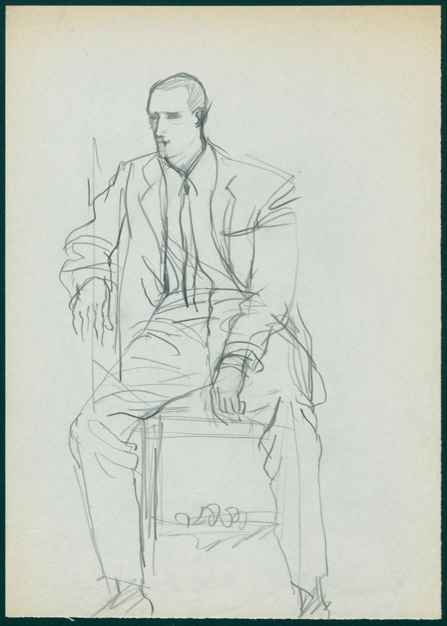 Bozzetto per il periodico dei grandi magazzini la Rinascente "Uomo la Rinascente Moda maschile" dell'ottobre 1961, figura maschile seduta con completo (disegno) di Iliprandi, Giancarlo (sec. XX)