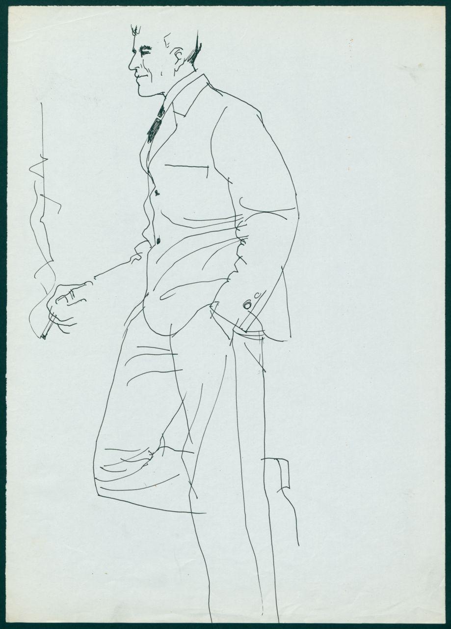 Bozzetto per il periodico dei grandi magazzini la Rinascente "Uomo la Rinascente Moda maschile" dell'ottobre 1961, uomo di profilo con gamba piegata con completo e sigaretta (disegno) di Iliprandi, Giancarlo (sec. XX)