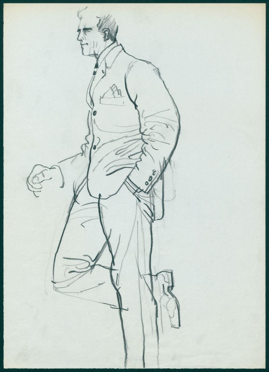Bozzetto per il periodico dei grandi magazzini la Rinascente "Uomo la Rinascente Moda maschile" dell'ottobre 1961, uomo di profilo con gamba piegata con completo (disegno) di Iliprandi, Giancarlo (sec. XX)