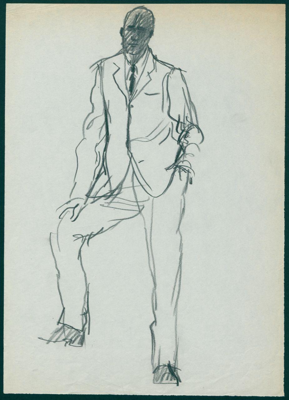 Bozzetto per il periodico dei grandi magazzini la Rinascente "Uomo la Rinascente Moda maschile" dell'ottobre 1961, figura maschile con completo (disegno) di Iliprandi, Giancarlo (sec. XX)