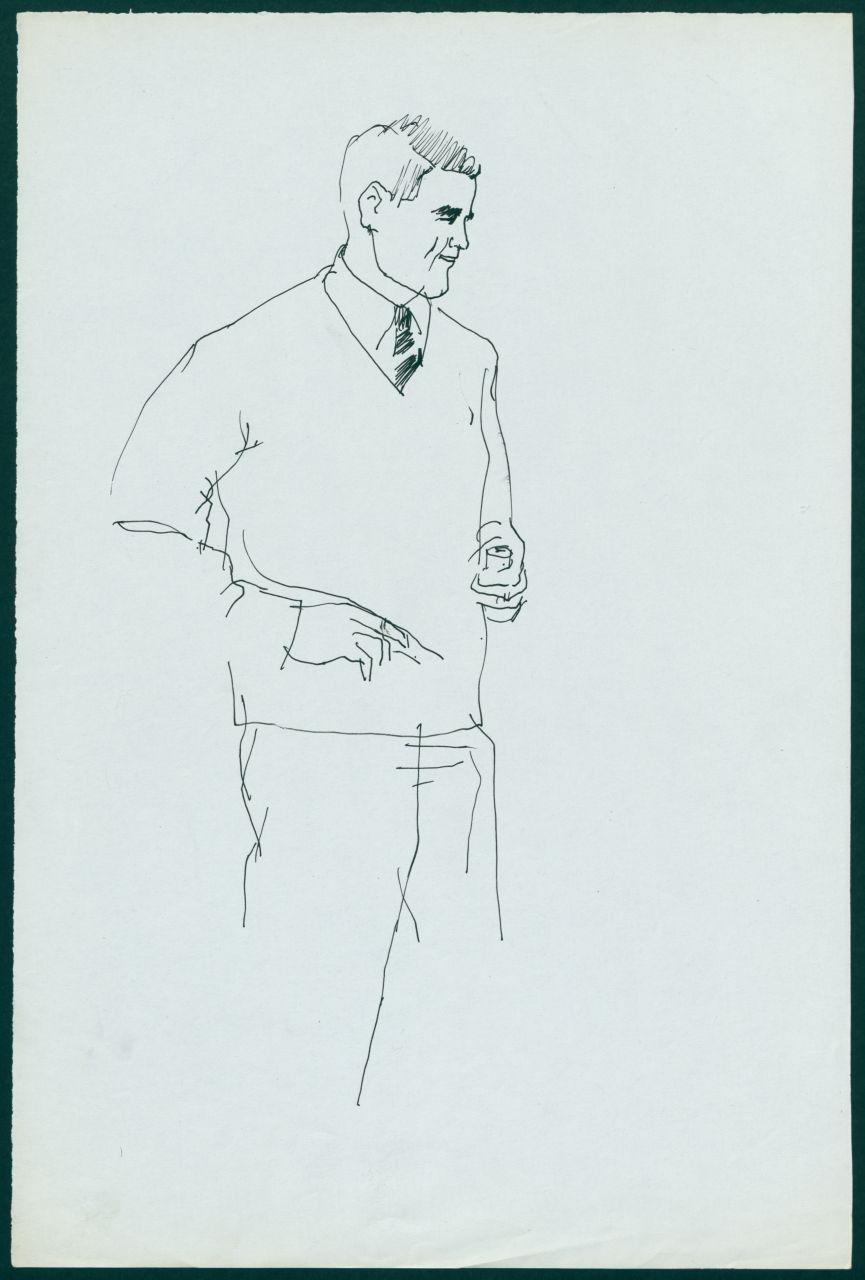 Bozzetto per il periodico dei grandi magazzini la Rinascente "Uomo la Rinascente Moda maschile" dell'ottobre 1961, uomo con maglione con scollo a v (disegno) di Iliprandi, Giancarlo (sec. XX)