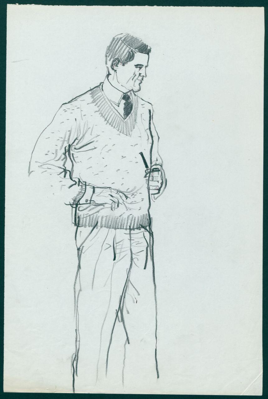 Bozzetto per il periodico dei grandi magazzini la Rinascente "Uomo la Rinascente Moda maschile" dell'ottobre 1961, uomo con maglione con scollo a v e pipa (disegno) di Iliprandi, Giancarlo (sec. XX)