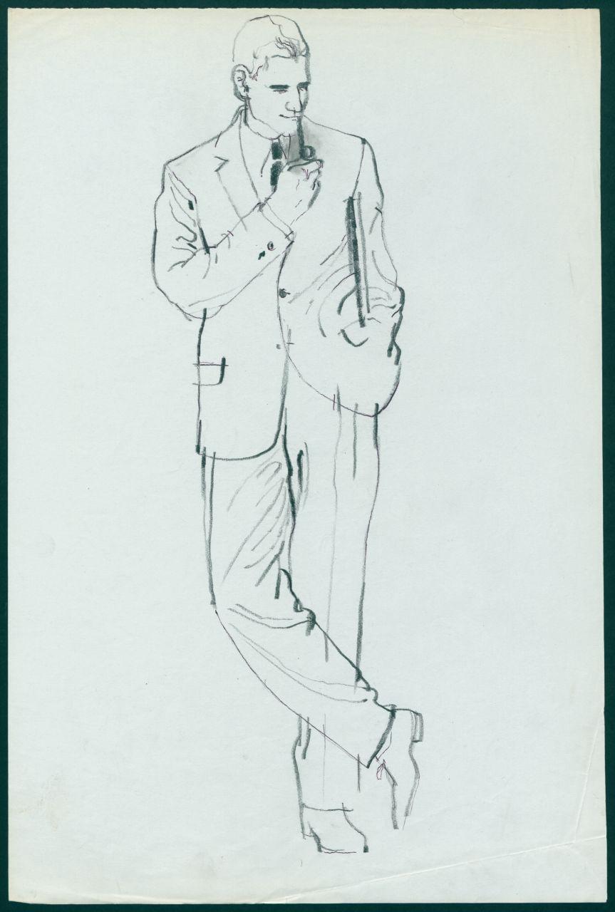 Bozzetto per il periodico dei grandi magazzini la Rinascente "Uomo la Rinascente Moda maschile" dell'ottobre 1961, uomo con completo con giacca monopetto e pipa (disegno) di Iliprandi, Giancarlo (sec. XX)