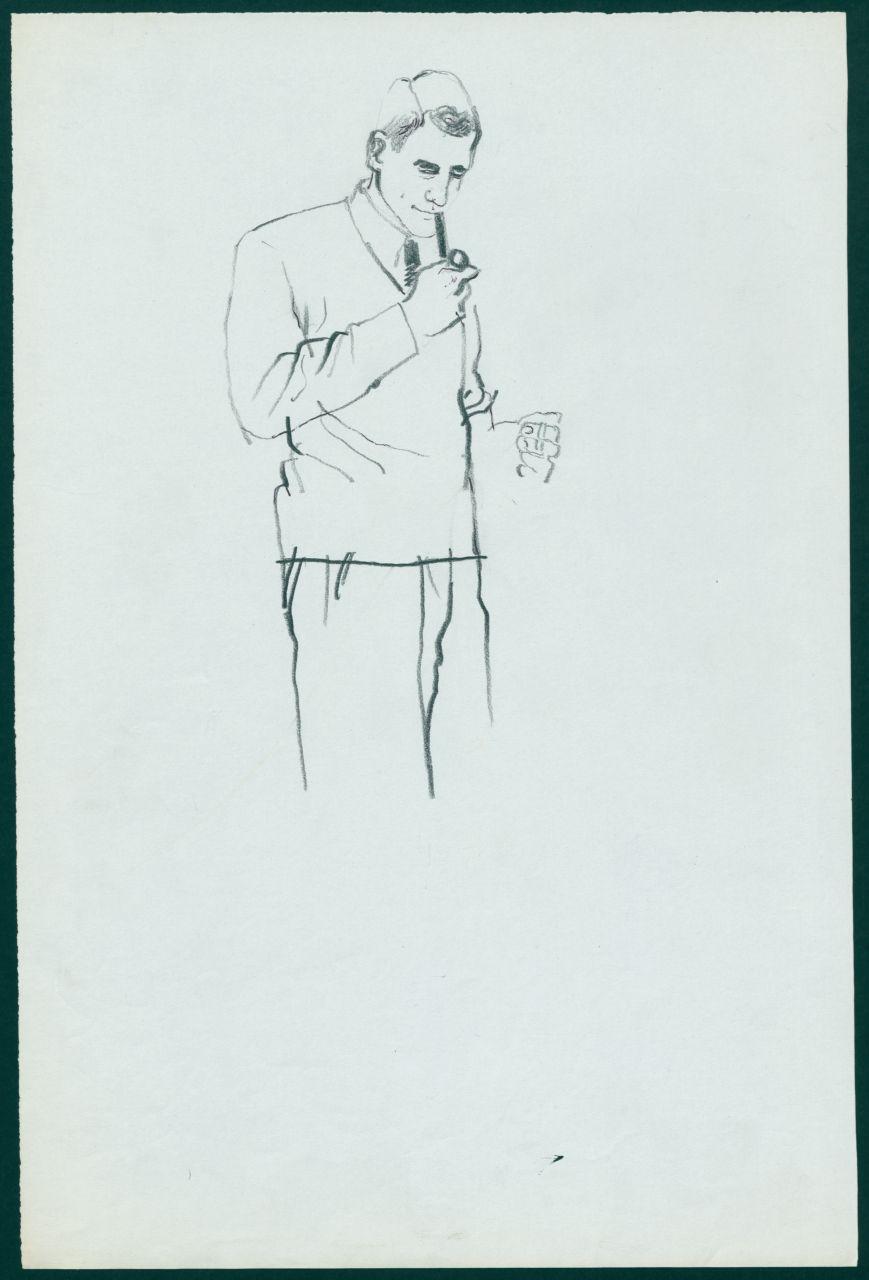 Bozzetto per il periodico dei grandi magazzini la Rinascente "Uomo la Rinascente Moda maschile" dell'ottobre 1961, uomo con maglione con scollo a v e pipa (disegno) di Iliprandi, Giancarlo (sec. XX)