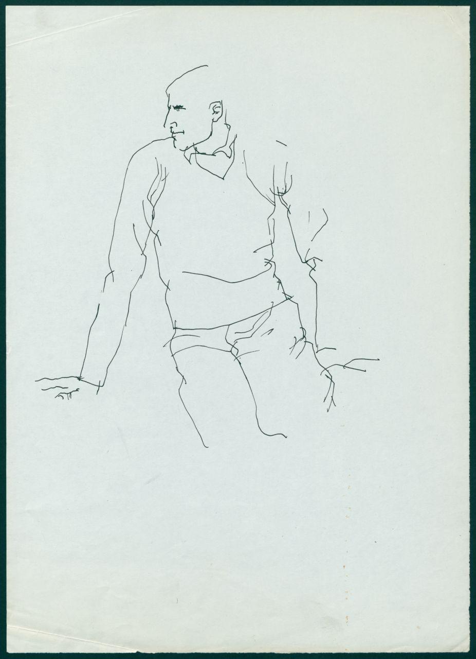 Bozzetto per il periodico dei grandi magazzini la Rinascente "Uomo la Rinascente Moda maschile" dell'ottobre 1961, figura maschile seduta (disegno) di Iliprandi, Giancarlo (sec. XX)