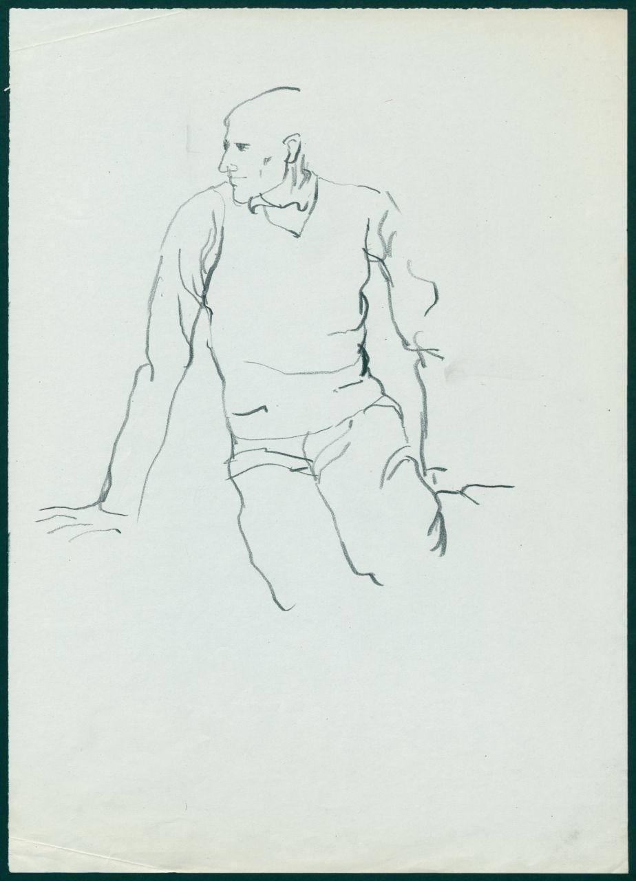 Bozzetto per il periodico dei grandi magazzini la Rinascente "Uomo la Rinascente Moda maschile" dell'ottobre 1961, figura maschile seduta (disegno) di Iliprandi, Giancarlo (sec. XX)
