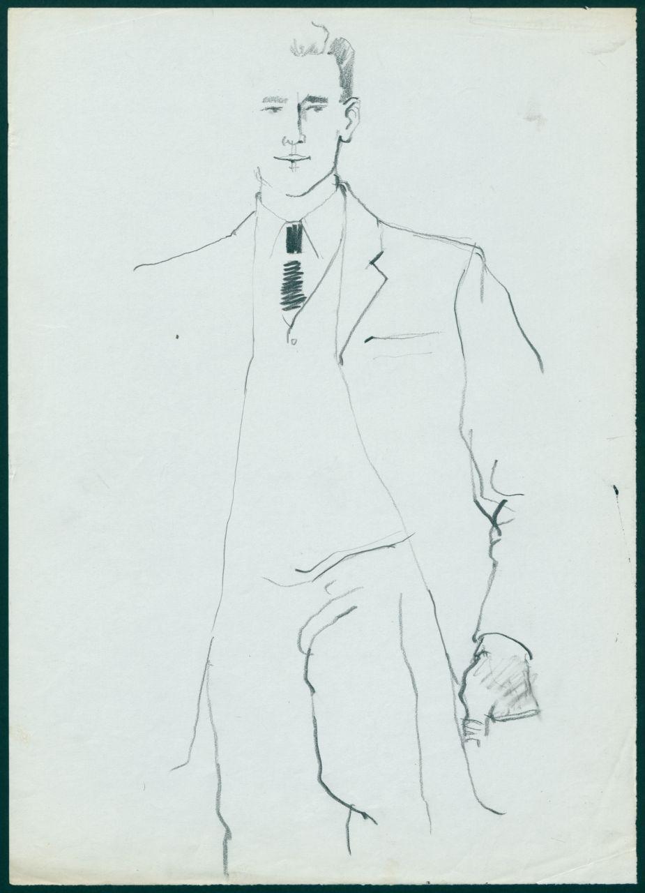 Bozzetto per il periodico dei grandi magazzini la Rinascente "Uomo la Rinascente Moda maschile" dell'ottobre 1961, uomo con giacca monopetto (disegno) di Iliprandi, Giancarlo (sec. XX)