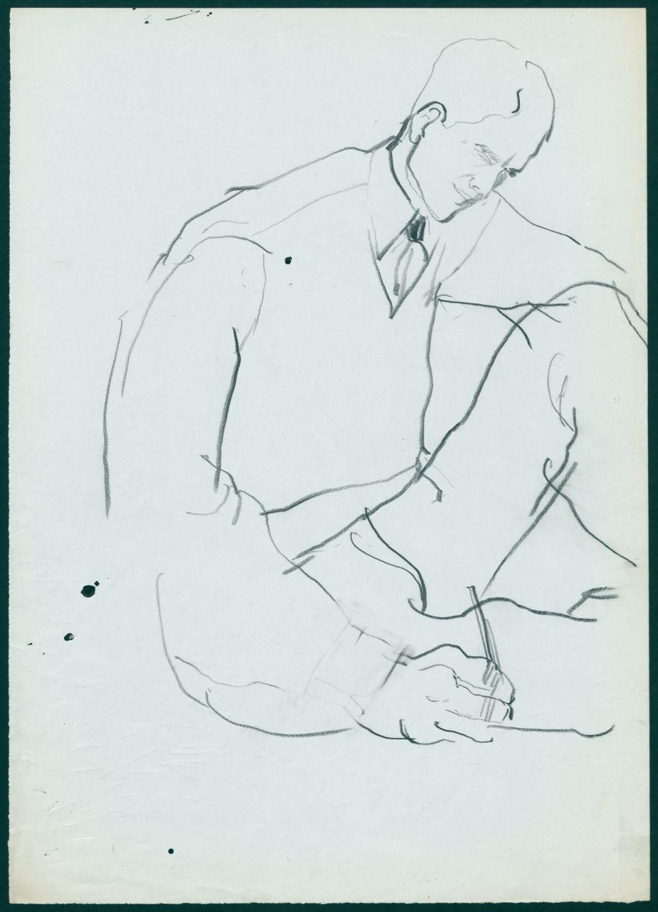Bozzetto per il periodico dei grandi magazzini la Rinascente "Uomo la Rinascente Moda maschile" dell'ottobre 1961, uomo con maglione con scollo a v scrive seduto per terra (disegno) di Iliprandi, Giancarlo (sec. XX)