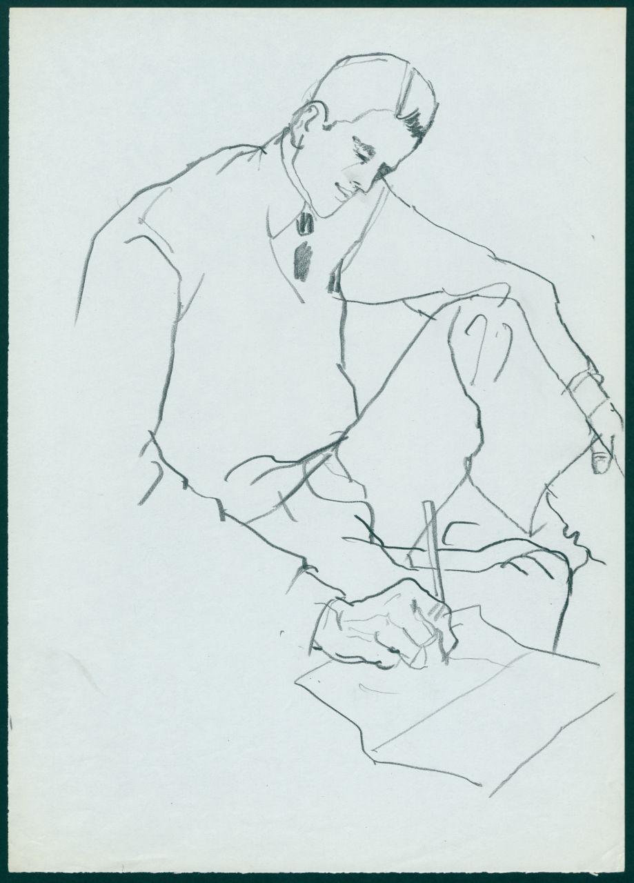 Bozzetto per il periodico dei grandi magazzini la Rinascente "Uomo la Rinascente Moda maschile" dell'ottobre 1961, uomo con maglione con scollo a v scrive seduto per terra (disegno) di Iliprandi, Giancarlo (sec. XX)