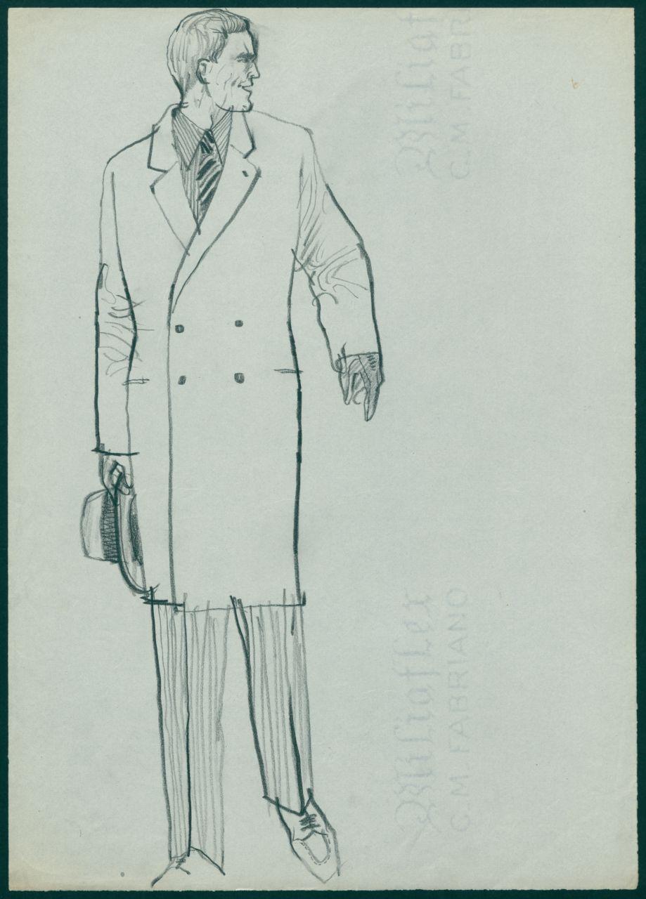 Bozzetto per il periodico dei grandi magazzini la Rinascente "Uomo la Rinascente Moda maschile" dell'ottobre 1961, uomo con soprabito monopetto e cappello in mano (disegno) di Iliprandi, Giancarlo (sec. XX)