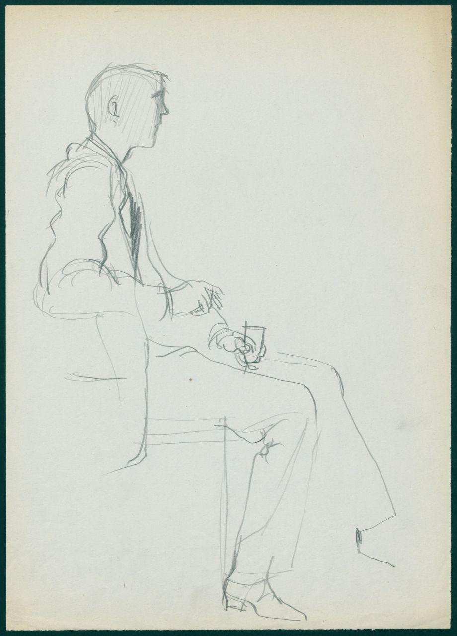 Bozzetto per il periodico dei grandi magazzini la Rinascente "Uomo la Rinascente Moda maschile" dell'ottobre 1961, figura maschile di profilo seduta con bicchiere in mano (disegno) di Iliprandi, Giancarlo (sec. XX)