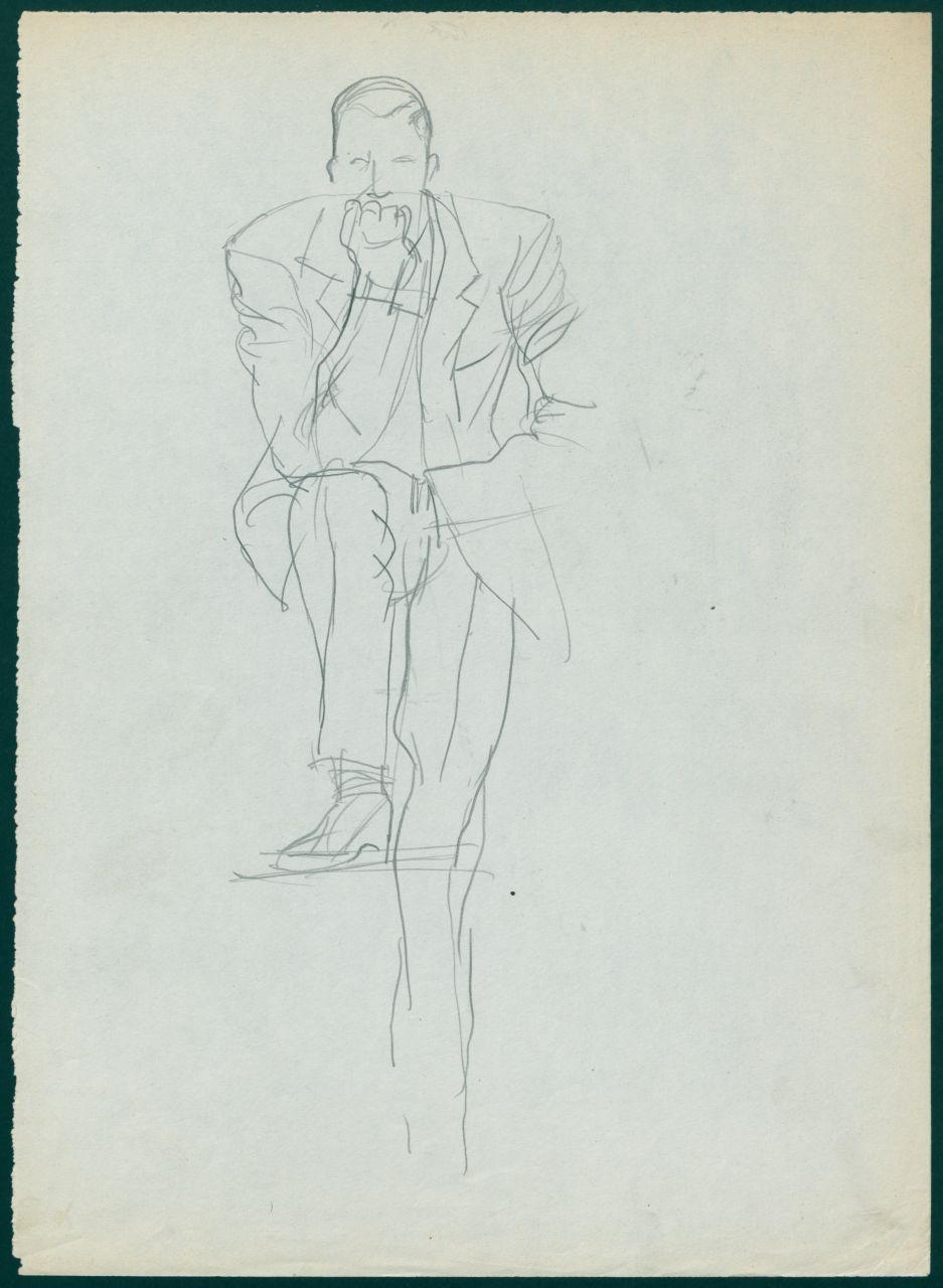 Bozzetto per il periodico dei grandi magazzini la Rinascente "Uomo la Rinascente Moda maschile" dell'ottobre 1961, figura maschile con gamba sollevata e mento appoggiato a una mano (disegno) di Iliprandi, Giancarlo (sec. XX)
