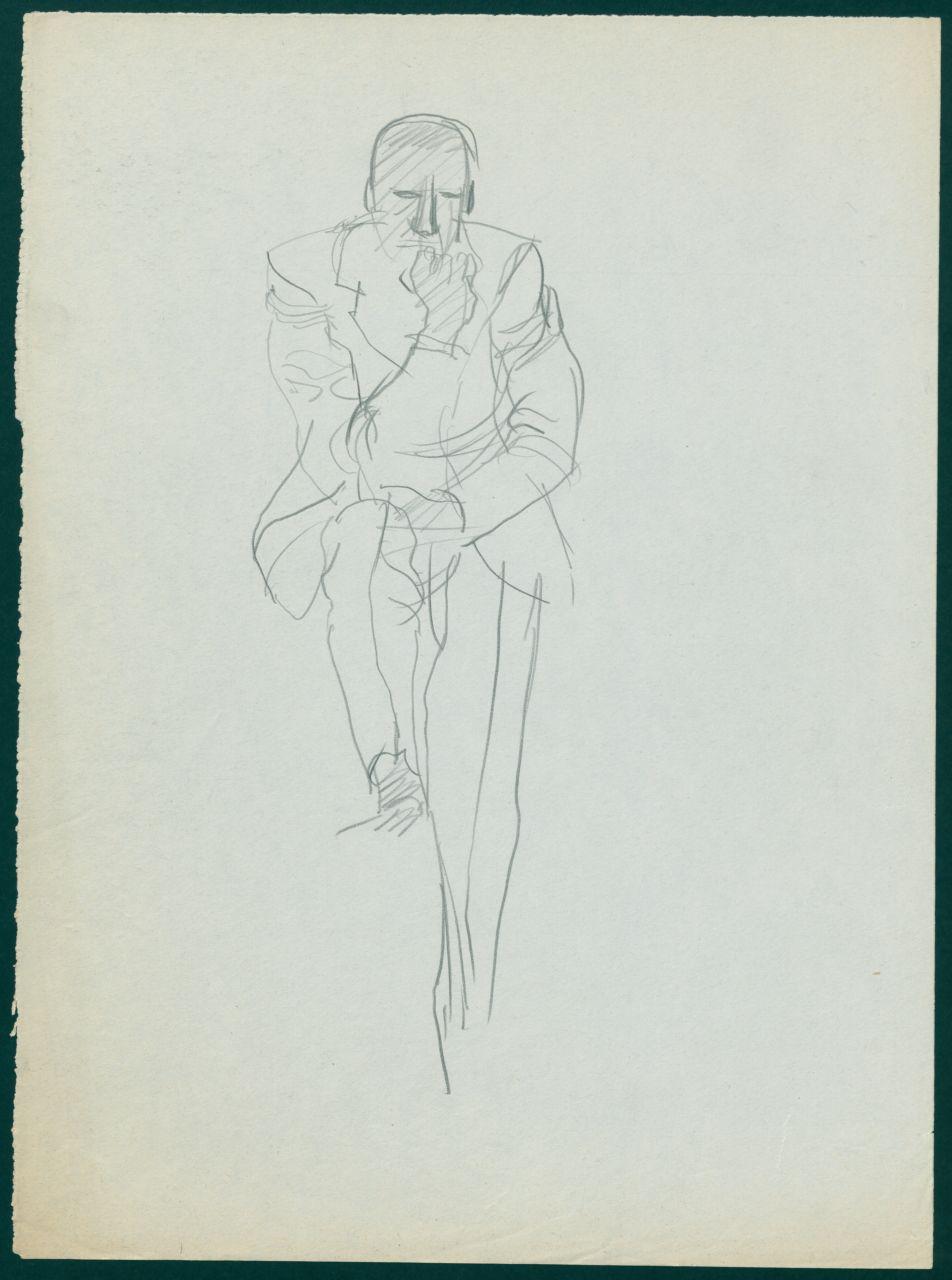 Bozzetto per il periodico dei grandi magazzini la Rinascente "Uomo la Rinascente Moda maschile" dell'ottobre 1961, figura maschile con gamba sollevata e mento appoggiato a una mano (disegno) di Iliprandi, Giancarlo (sec. XX)