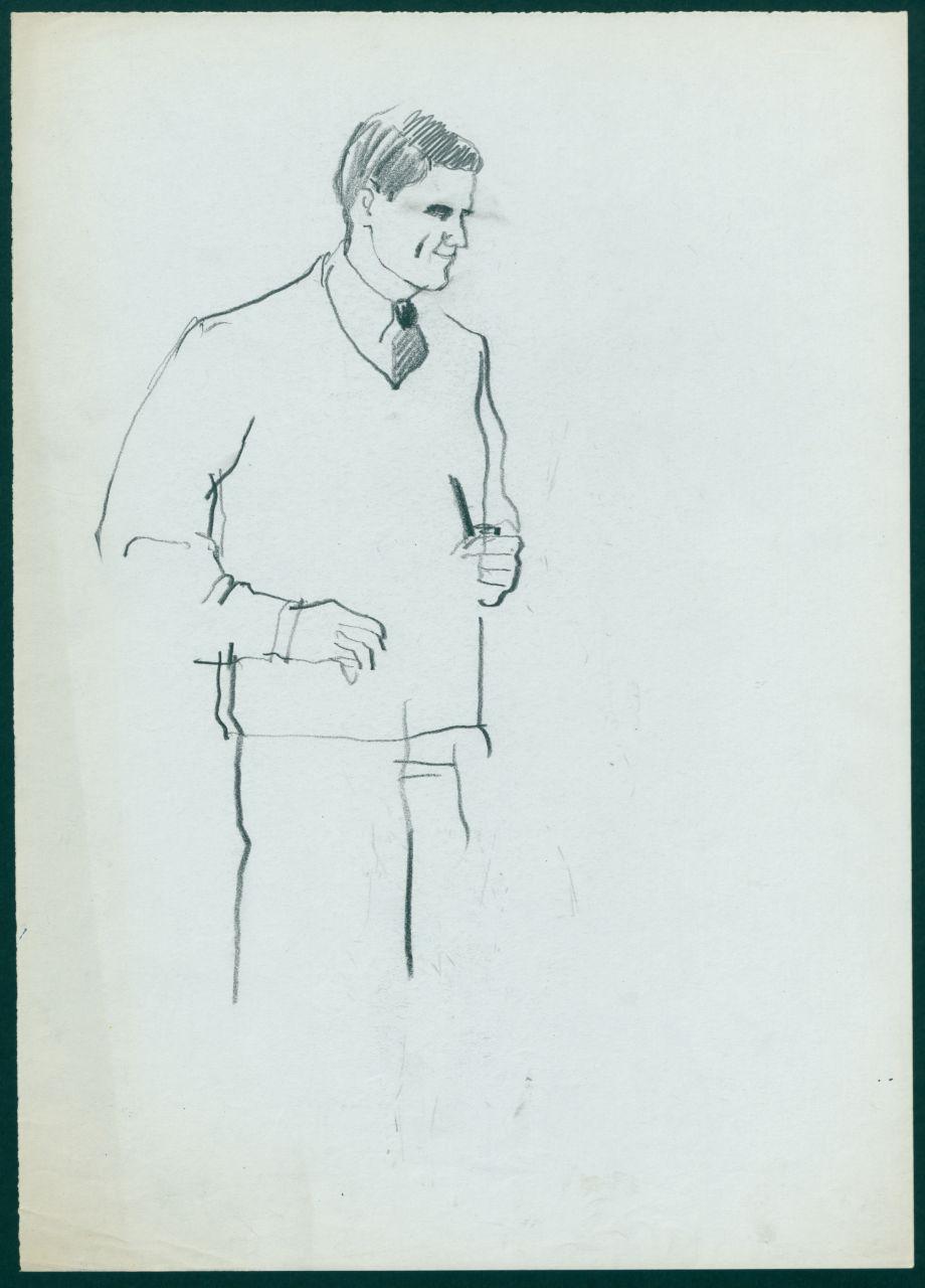 Bozzetto per il periodico dei grandi magazzini la Rinascente "Uomo la Rinascente Moda maschile" dell'ottobre 1961, uomo con maglione con scollo a v (disegno) di Iliprandi, Giancarlo (sec. XX)