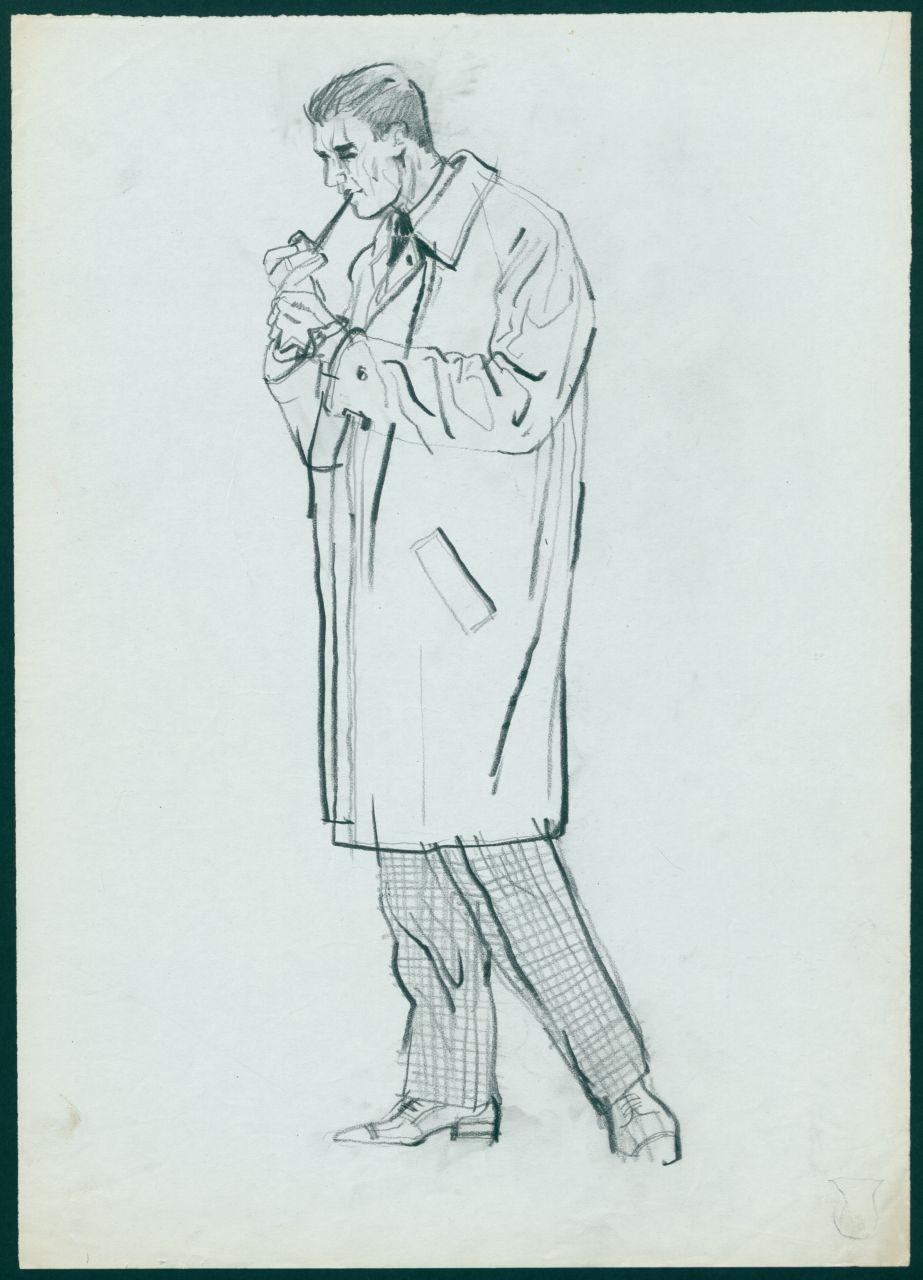 Bozzetto per il periodico dei grandi magazzini la Rinascente "Uomo la Rinascente Moda maschile" dell'ottobre 1961, uomo con soprabito e pipa (disegno) di Iliprandi, Giancarlo (sec. XX)