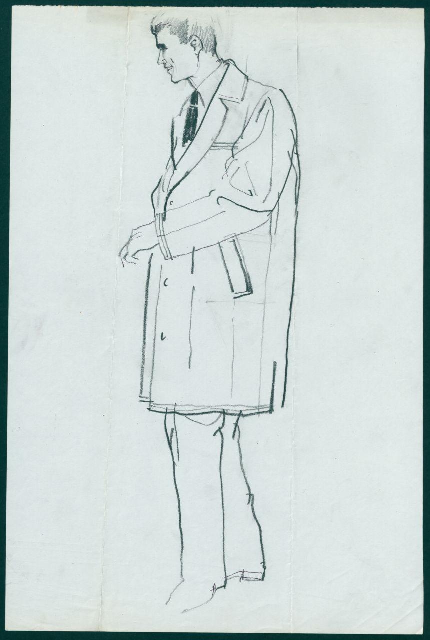 Bozzetto per il periodico dei grandi magazzini la Rinascente "Uomo la Rinascente Moda maschile" dell'ottobre 1961, uomo con soprabito (disegno) di Iliprandi, Giancarlo (sec. XX)