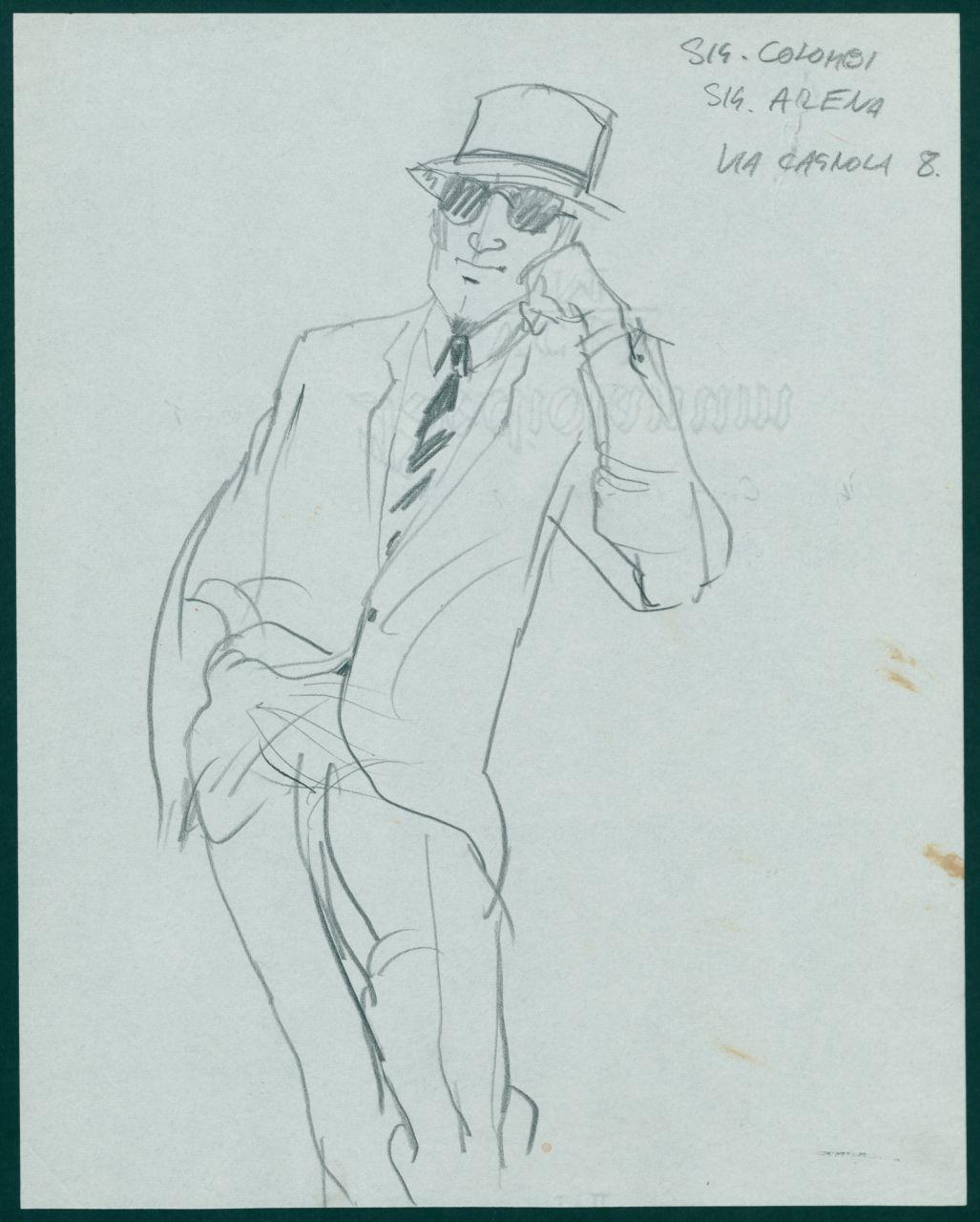 Bozzetto per il periodico dei grandi magazzini la Rinascente "Uomo la Rinascente Moda maschile" dell'ottobre 1961, figura maschile con completo, cappello e occhiali da sole (disegno) di Iliprandi, Giancarlo (sec. XX)