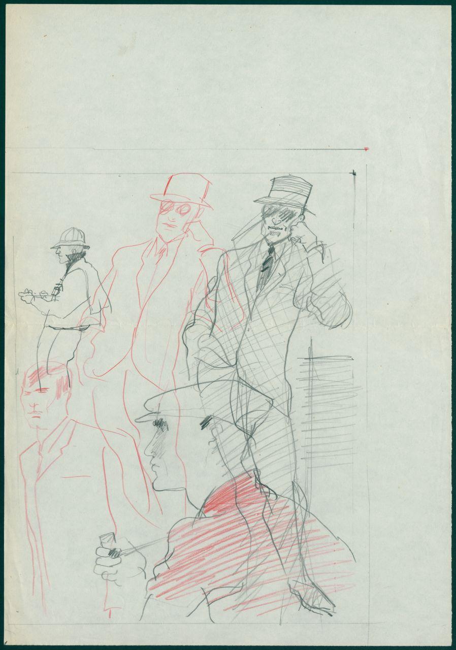 Bozzetto per il periodico dei grandi magazzini la Rinascente "Uomo la Rinascente Moda maschile" dell'ottobre 1961, figure maschili con diversi capi d'abbigliamento e accessori (disegno) di Iliprandi, Giancarlo (sec. XX)