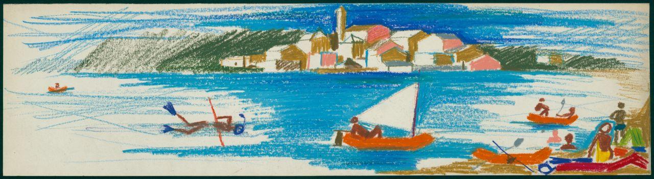 Disegno per il pieghevole Vacanze al mare di Pirelli, bagnanti con gommoni in riva al mare (disegno) di Iliprandi, Giancarlo (sec. XX)