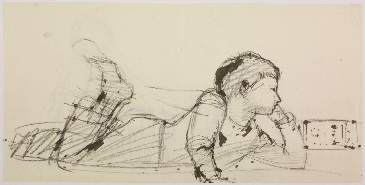 Bozzetto per manifesto e opuscoli promozionali per il concorso "Radio Anie 1962", bambino sdraiato e radio (disegno) di Iliprandi, Giancarlo (sec. XX)