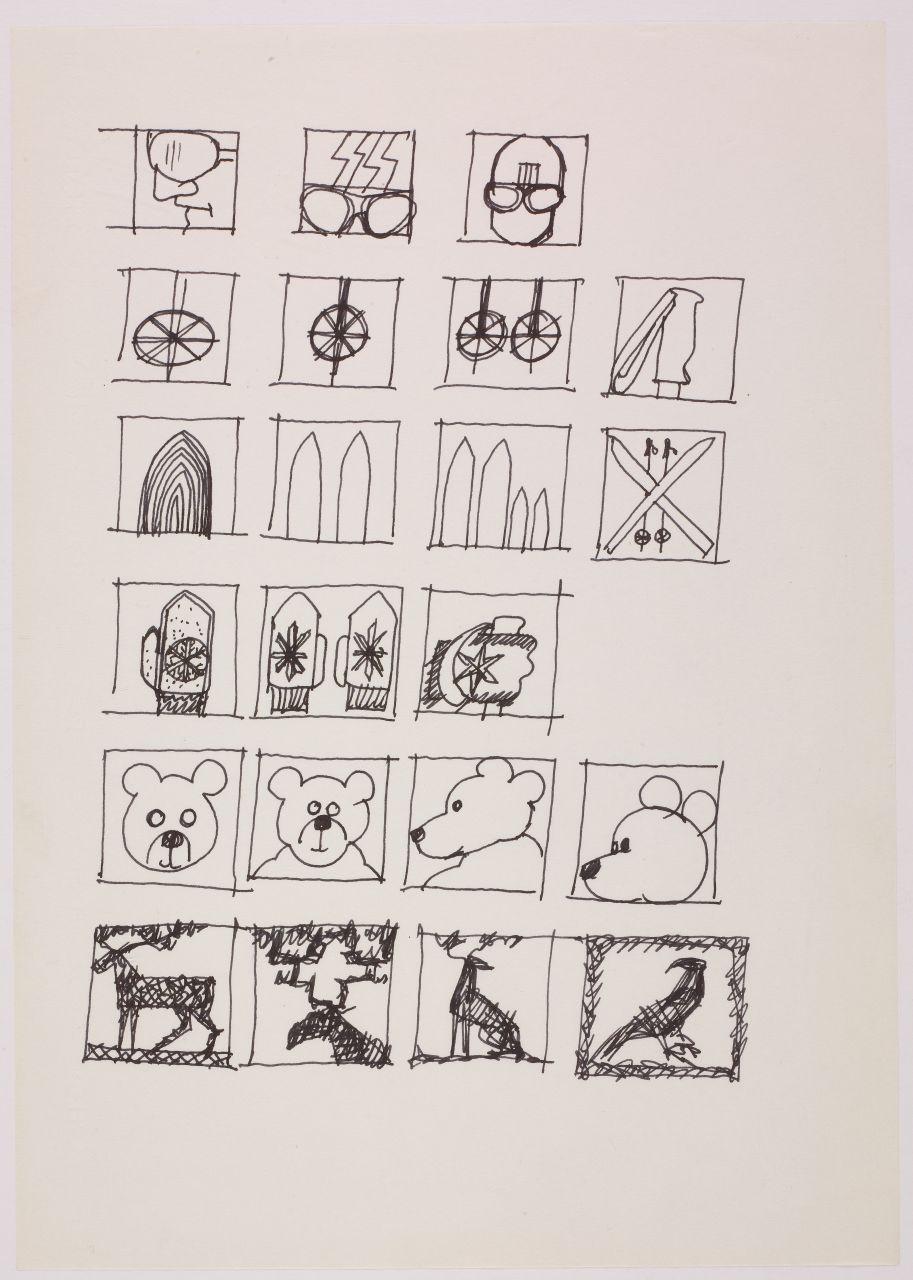 Studio per il marchio e il logotipo del reparto Ski dei grandi magazzini la Rinascente, simboli di attrezzature sportive per lo sci e simboli invernali: occhiali, cappello, racchette, guanti, orso, alce (disegno) di Iliprandi, Giancarlo (sec. XX)