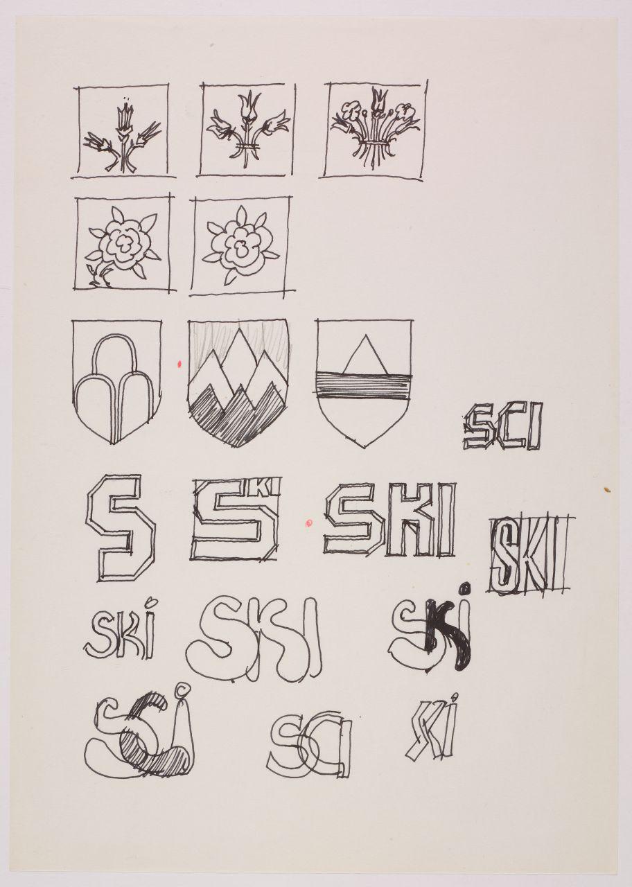 Studio per il marchio e il logotipo del reparto Ski dei grandi magazzini la Rinascente, simboli invernali: fiori, montagna, iscrizioni: sci, ski (disegno) di Iliprandi, Giancarlo (sec. XX)