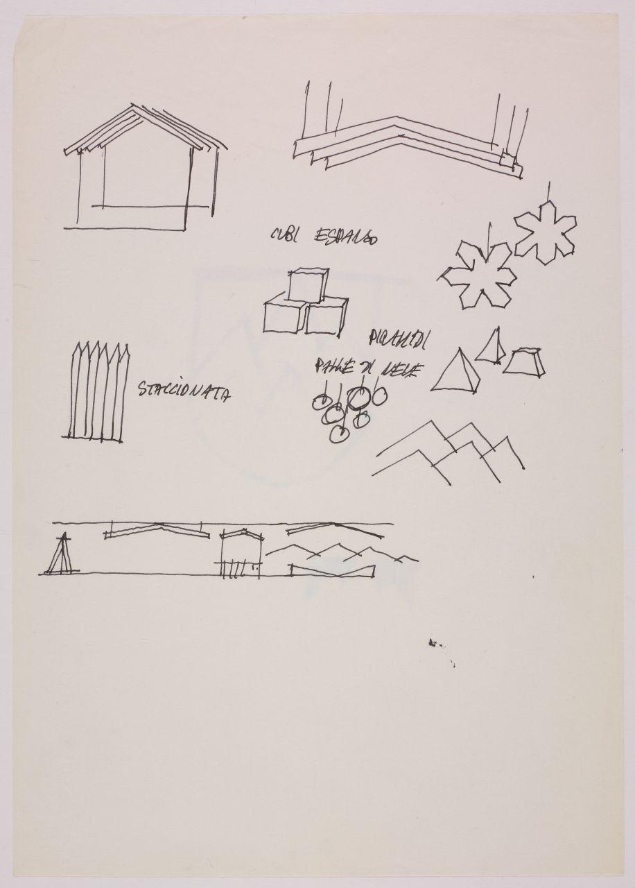 Studio per il marchio e il logotipo del reparto Ski dei grandi magazzini la Rinascente, soggetti  e simboli a tema alpino: baita, staccionata, montagne, palle e cristalli di neve (disegno) di Iliprandi, Giancarlo (sec. XX)
