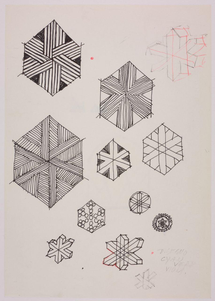 Studio per il marchio e il logotipo del reparto Ski dei grandi magazzini la Rinascente, forme astratte: cristalli di neve (disegno) di Iliprandi, Giancarlo (sec. XX)