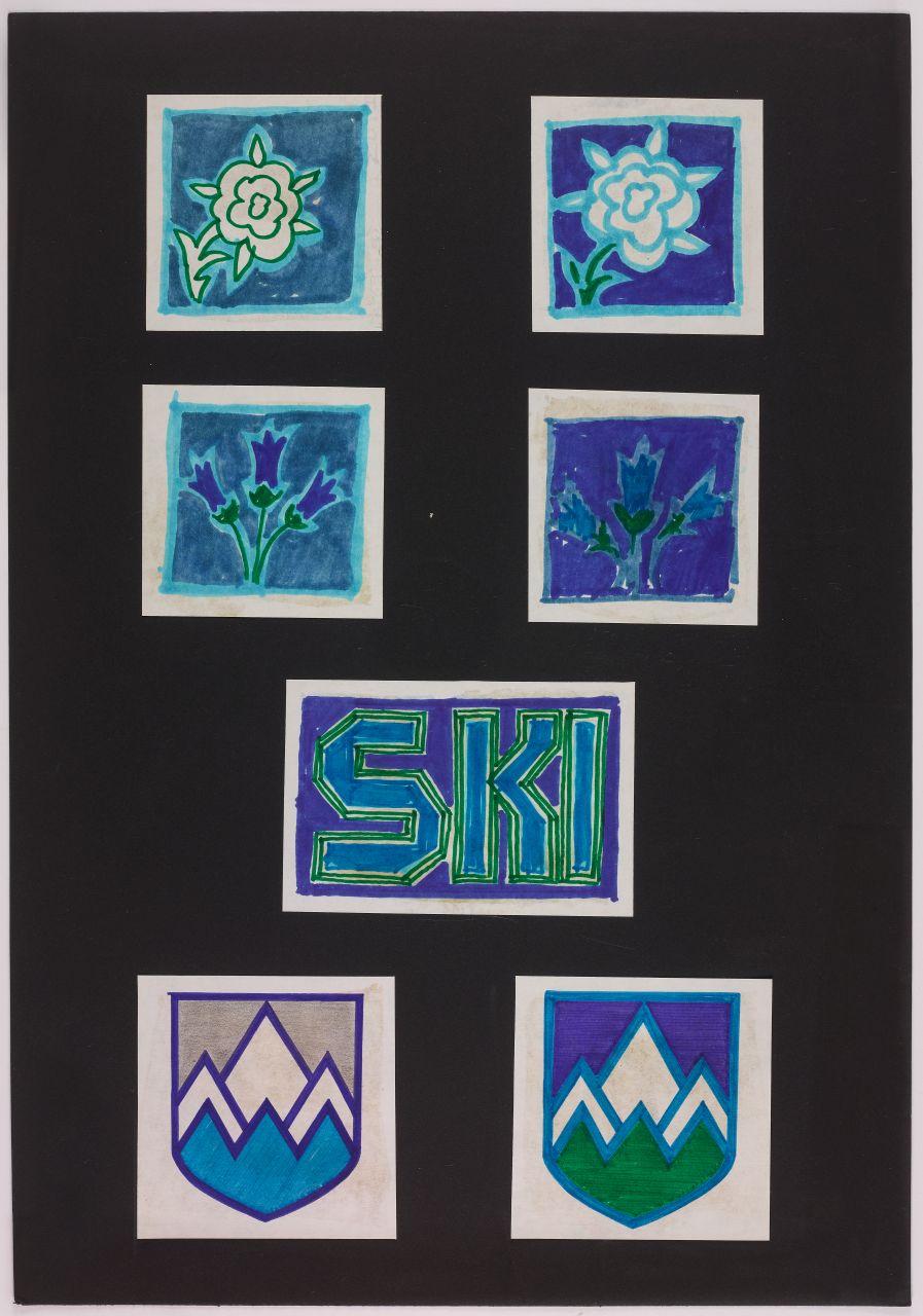 Studio per il marchio e il logotipo del reparto Ski dei grandi magazzini la Rinascente, iscrizioni: sci, ski; simboli invernali: fiori, montagna (disegno) di Iliprandi, Giancarlo (sec. XX)