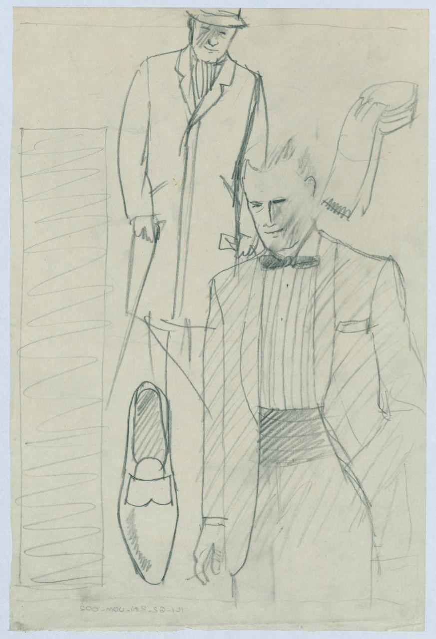 Bozzetto per il periodico dei grandi magazzini la Rinascente "Uomo la Rinascente Moda maschile" dell'ottobre 1962, uomo con soprabito, uomo con smoking (disegno) di Iliprandi, Giancarlo (sec. XX)