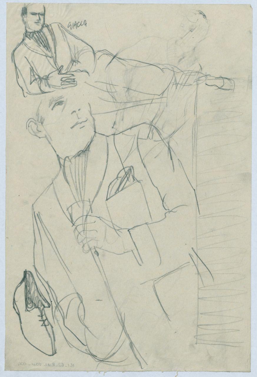 Bozzetto per il periodico dei grandi magazzini la Rinascente "Uomo la Rinascente Moda maschile" dell'ottobre 1962, uomo con giacca monopetto, scarpa (disegno) di Iliprandi, Giancarlo (sec. XX)