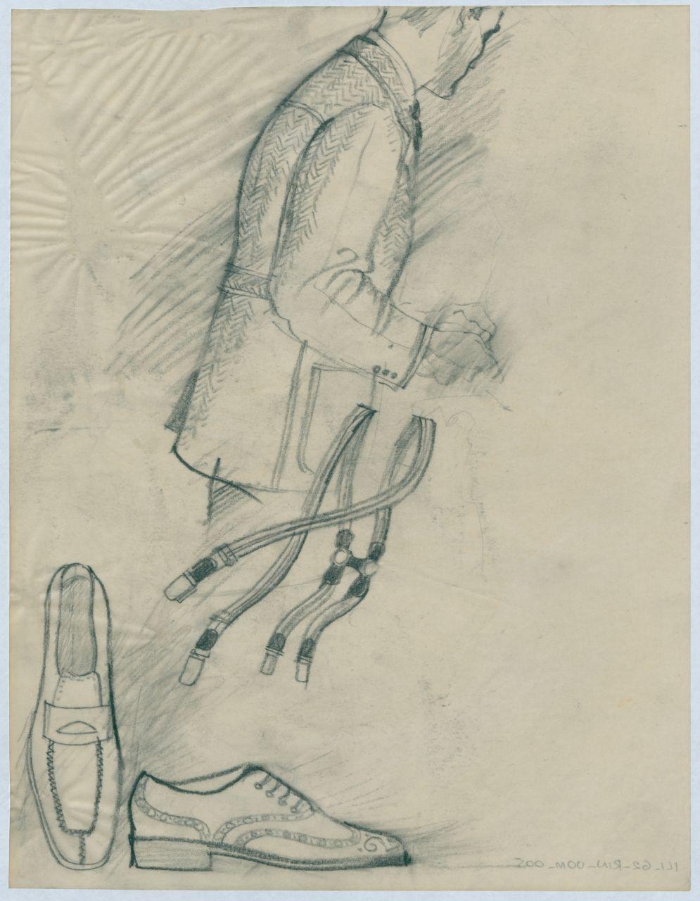 Bozzetto per il periodico dei grandi magazzini la Rinascente "Uomo la Rinascente Moda maschile" dell'ottobre 1962, uomo di profilo con completo e dettagli di scarpe e bretelle (disegno) di Iliprandi, Giancarlo (sec. XX)