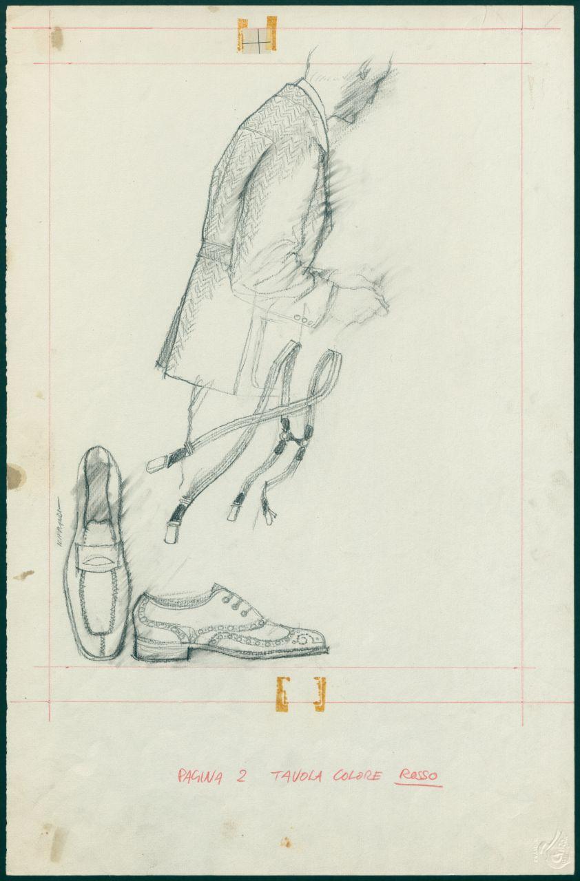Bozzetto per il periodico dei grandi magazzini la Rinascente "Uomo la Rinascente Moda maschile" dell'ottobre 1962, uomo di profilo con completo, scarpe, bretelle (disegno) di Iliprandi, Giancarlo (sec. XX)