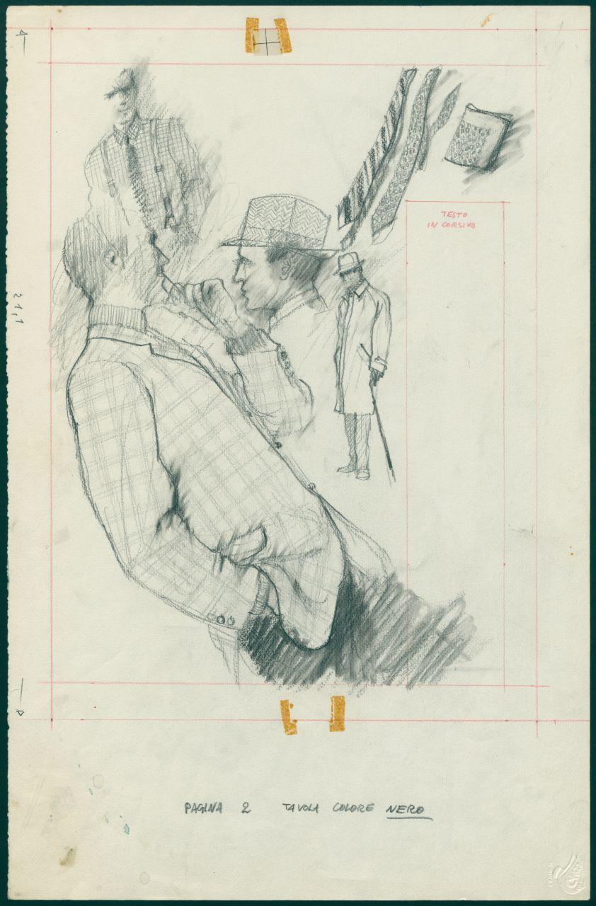 Bozzetto per il periodico dei grandi magazzini la Rinascente "Uomo la Rinascente Moda maschile" dell'ottobre 1962, uomini con differenti accessorie e capi di abbigliamento, cravatte, fazzoletto (disegno) di Iliprandi, Giancarlo (sec. XX)