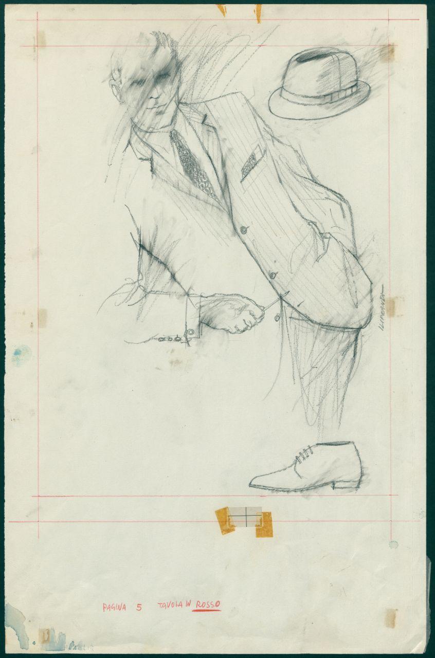 Bozzetto per il periodico dei grandi magazzini la Rinascente "Uomo la Rinascente Moda maschile" dell'ottobre 1962, uomo con completo con giacca monopetto, scarpa, cappello (disegno) di Iliprandi, Giancarlo (sec. XX)