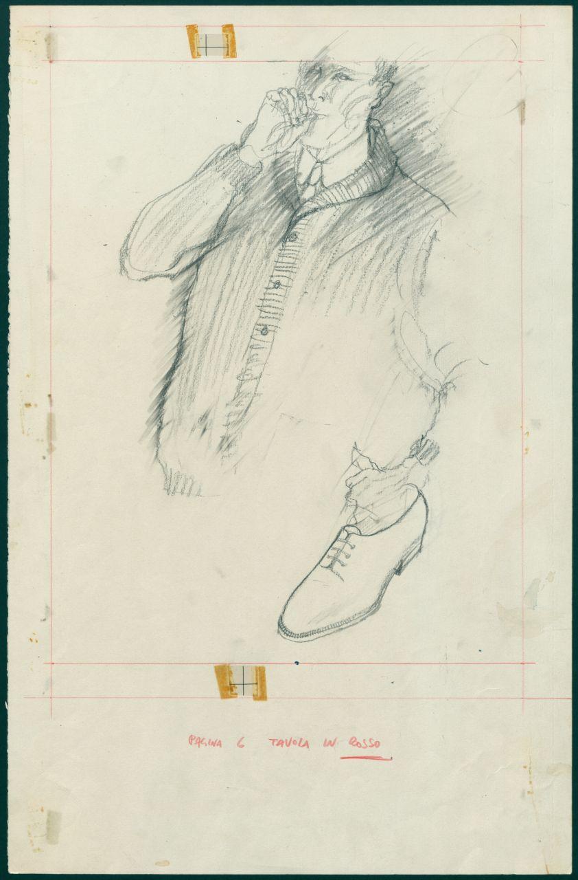 Bozzetto per il periodico dei grandi magazzini la Rinascente "Uomo la Rinascente Moda maschile" dell'ottobre 1962, uomo con cardigan, scarpa, cappello (disegno) di Iliprandi, Giancarlo (sec. XX)