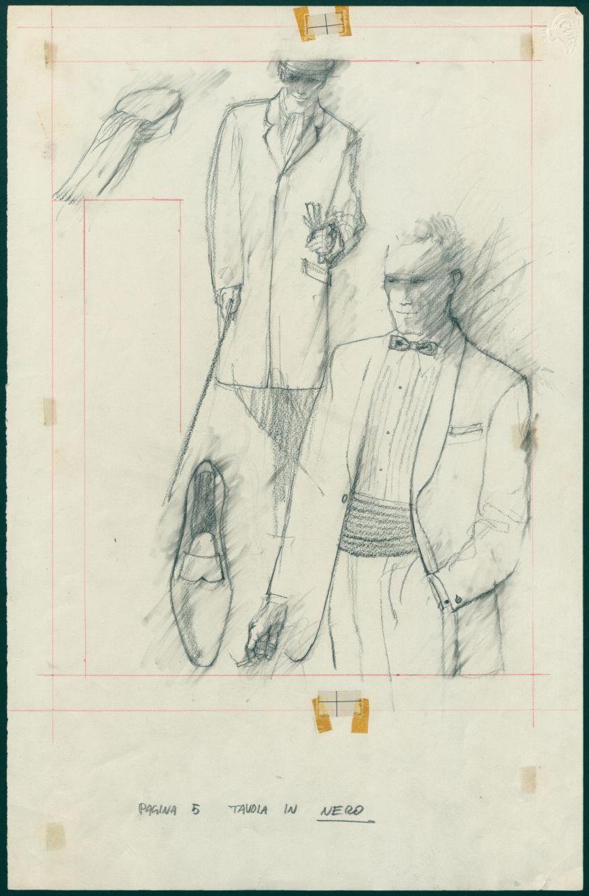 Bozzetto per il periodico dei grandi magazzini la Rinascente "Uomo la Rinascente Moda maschile" dell'ottobre 1962, uomo con soprabito, uomo con smoking (disegno) di Iliprandi, Giancarlo (sec. XX)