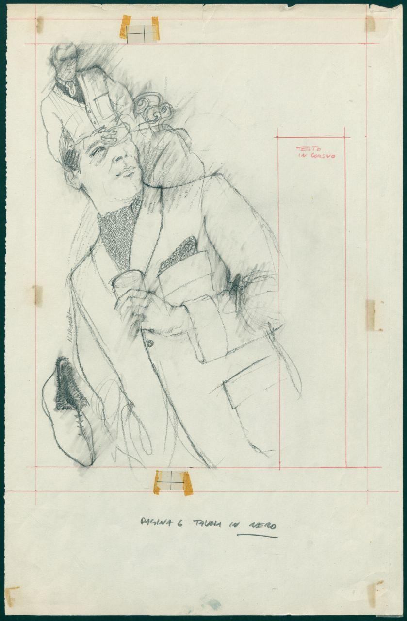 Bozzetto per il periodico dei grandi magazzini la Rinascente "Uomo la Rinascente Moda maschile" dell'ottobre 1962, uomo con giacca monopetto, scarpa (disegno) di Iliprandi, Giancarlo (sec. XX)