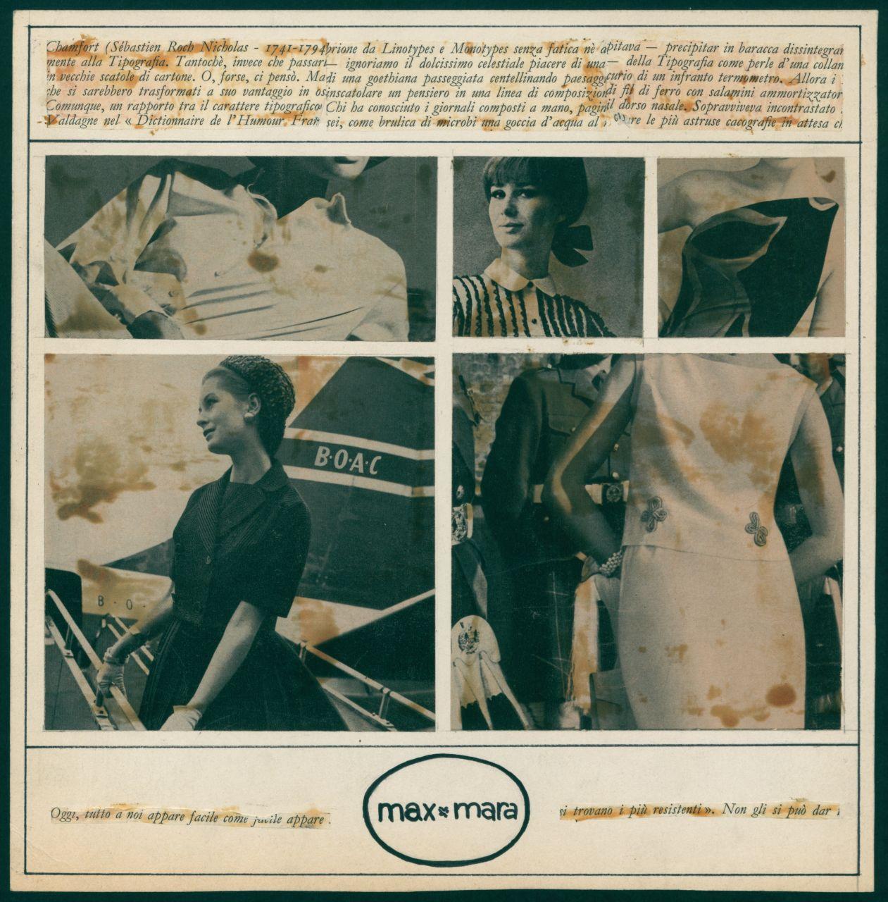 Layout di annuncio pubblicitario per la casa di moda Max Mara, iscrizioni, donne con abiti e camicie (disegno) di Iliprandi, Giancarlo (sec. XX)