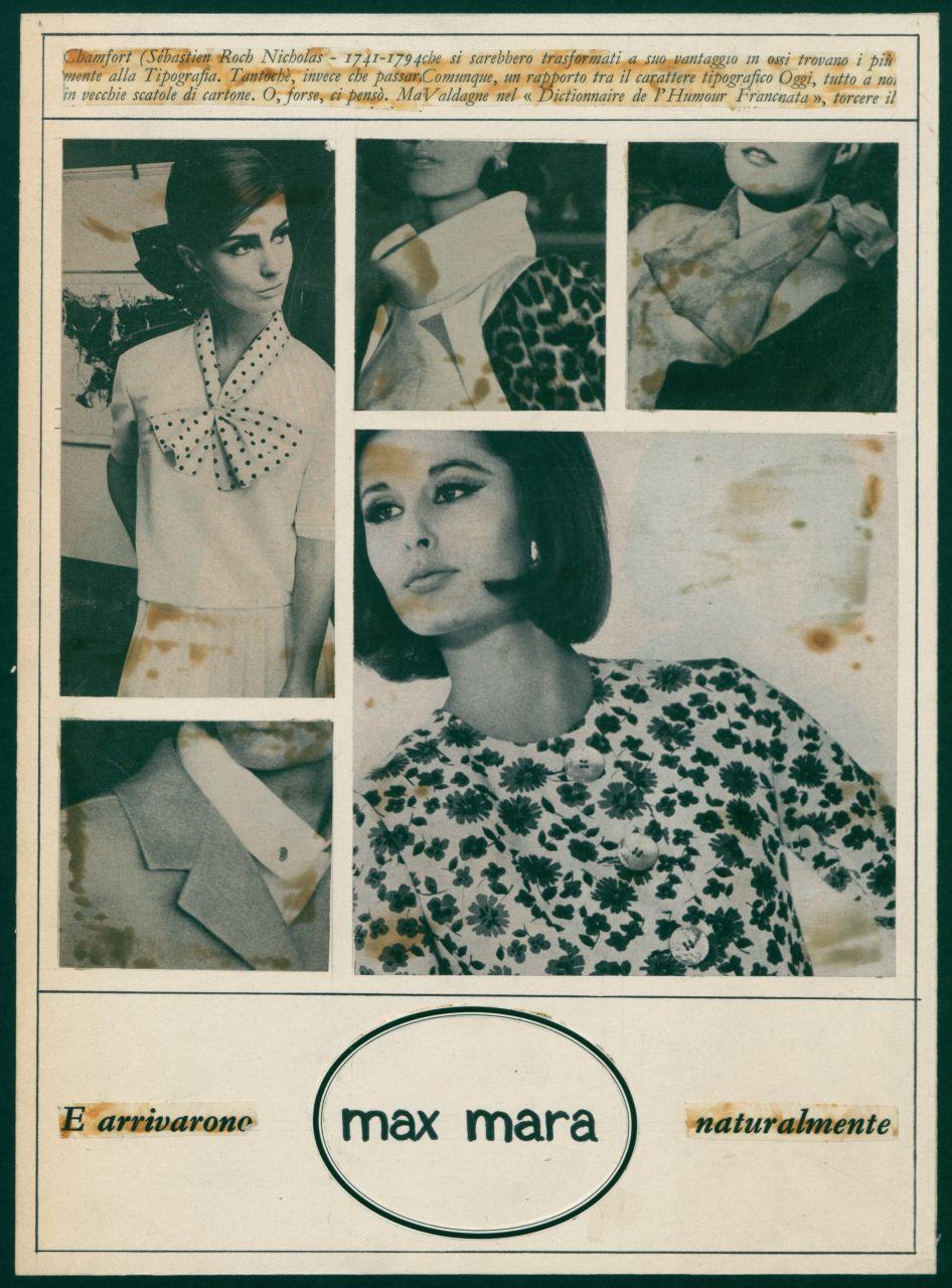 Layout di annuncio pubblicitario per la casa di moda Max Mara, iscrizioni, donne con bluse e giacche (disegno) di Iliprandi, Giancarlo (sec. XX)