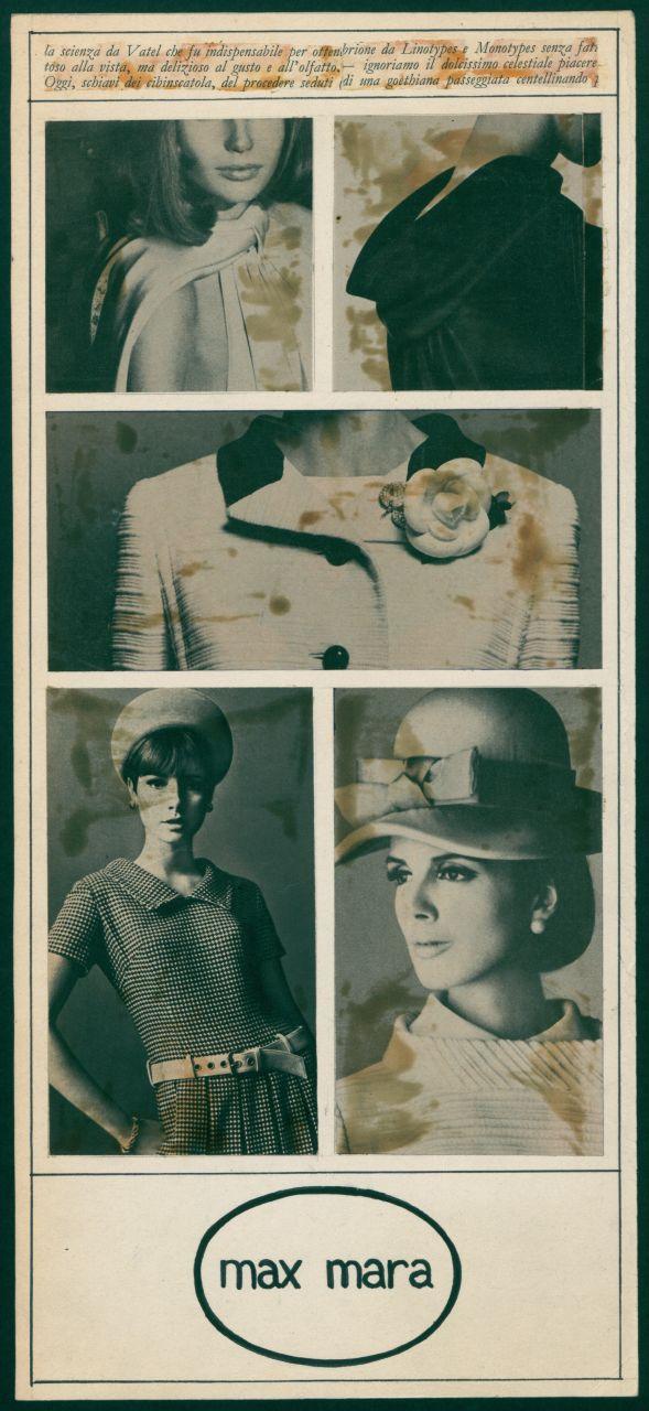 Layout di annuncio pubblicitario per la casa di moda Max Mara, iscrizioni, donne con tailleurs (disegno) di Iliprandi, Giancarlo (sec. XX)